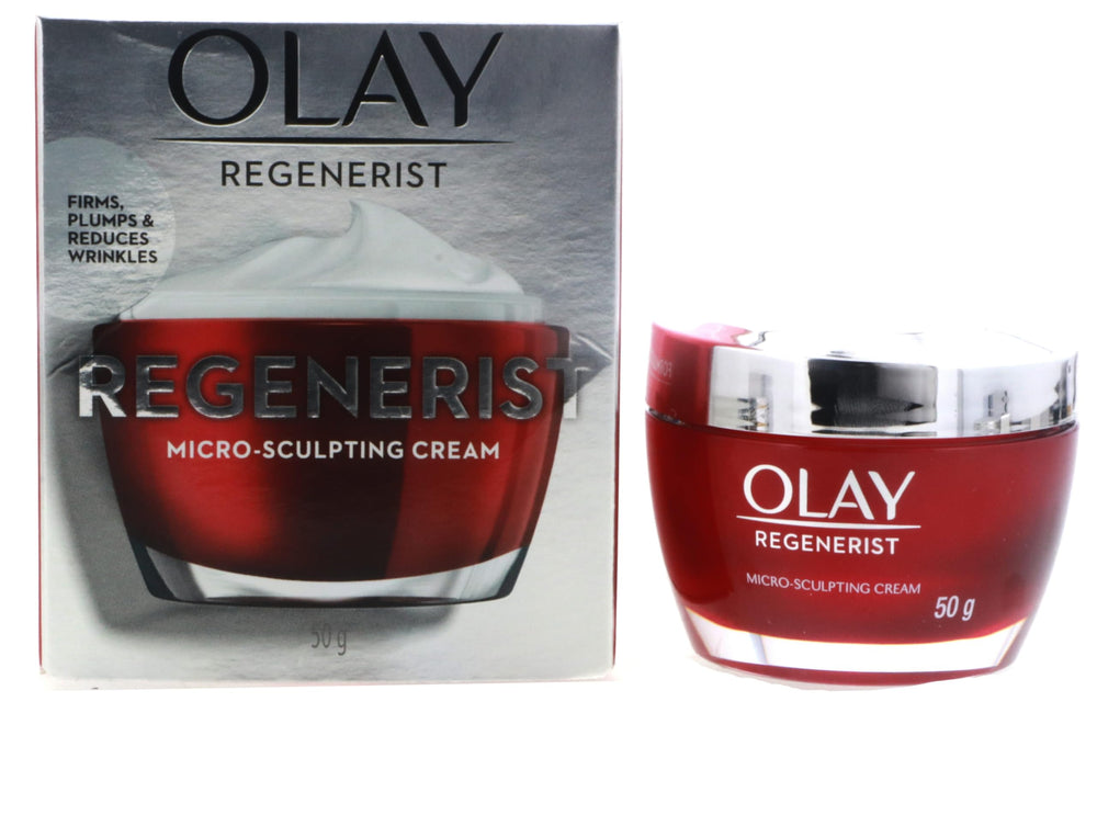 Olay Regenerist Micro-Sculpting Cream label closeup highlighting creamy texture