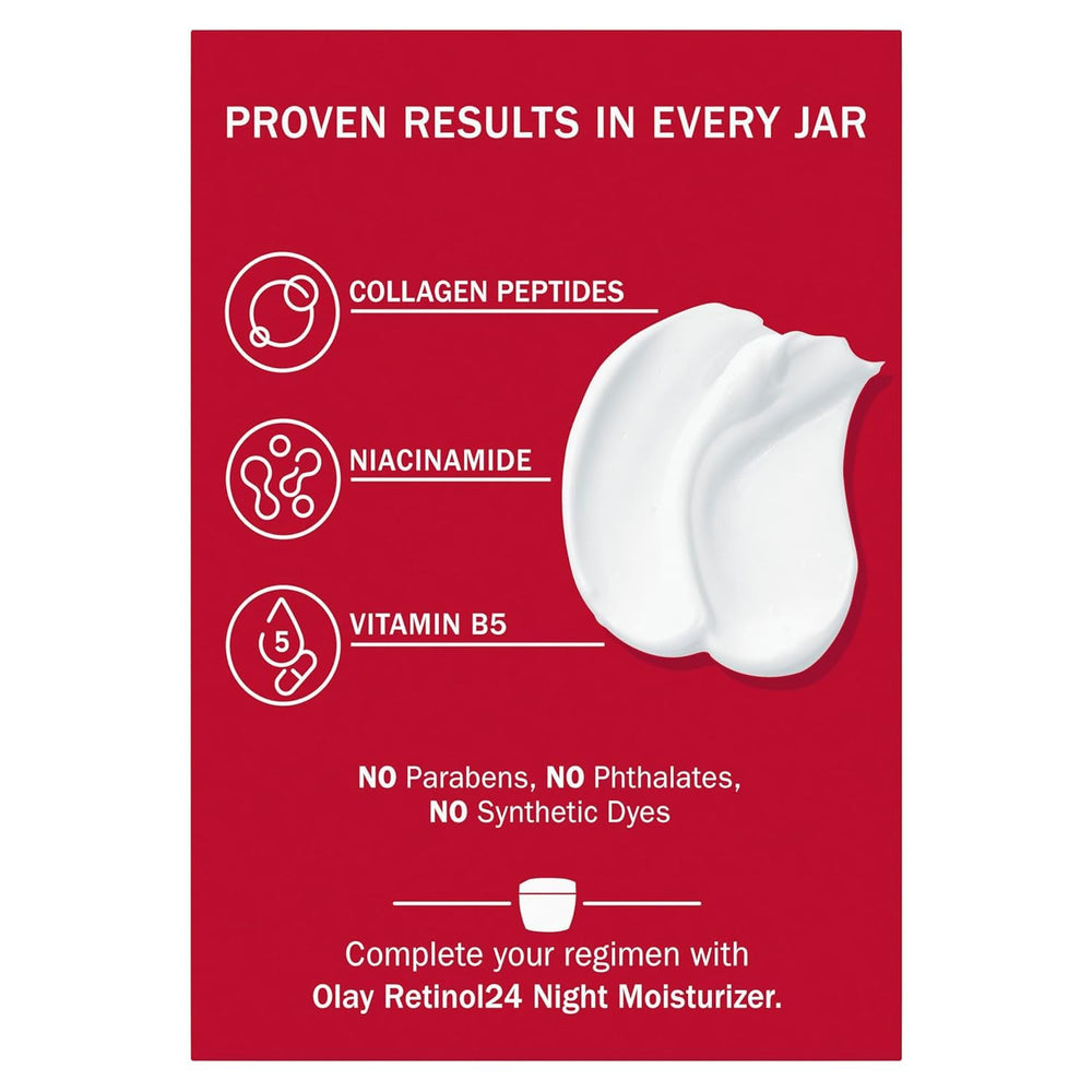 Olay Regenerist Peptide de Collagène 24, peau visiblement plus ferme et ridules moins visibles.