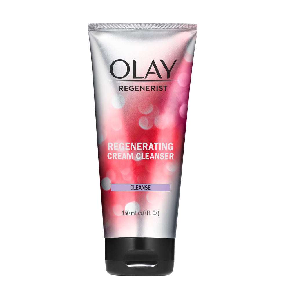 Olay Regenerist Regenerating Cream Cleanser bottle close-up showing deep-clean action for daily skincare.