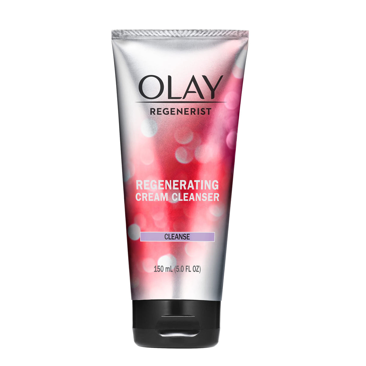 Olay Regenerist Regenerating Cream Cleanser bottle close-up showing deep-clean action for daily skincare.