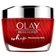 Olay Regenerist Whip bottle close-up, fragrance-free lightweight hydration for combination skin.