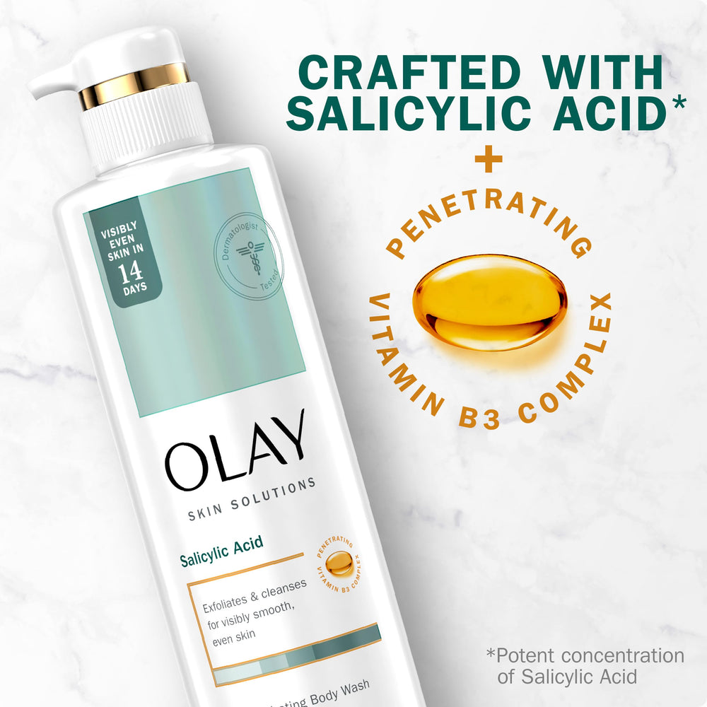 Olay Skin Solutions bottle label highlighting salicylic acid and B3 complex.