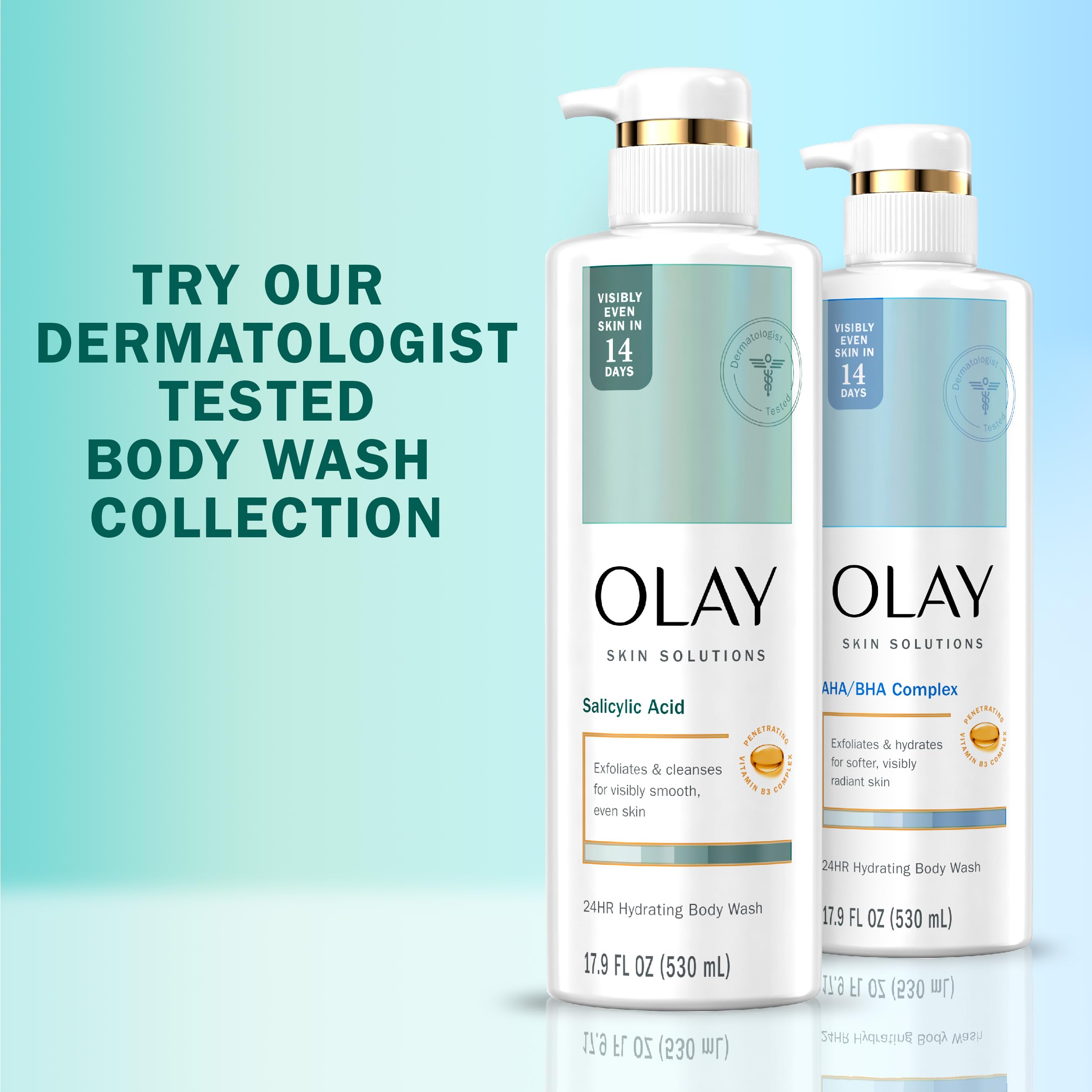 Olay Skin Solutions bottle displayed on a shower shelf.
