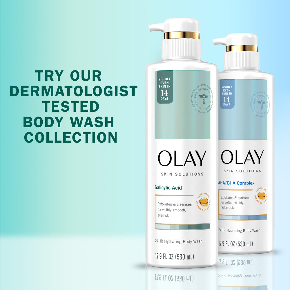 Olay Skin Solutions bottle displayed on a shower shelf.