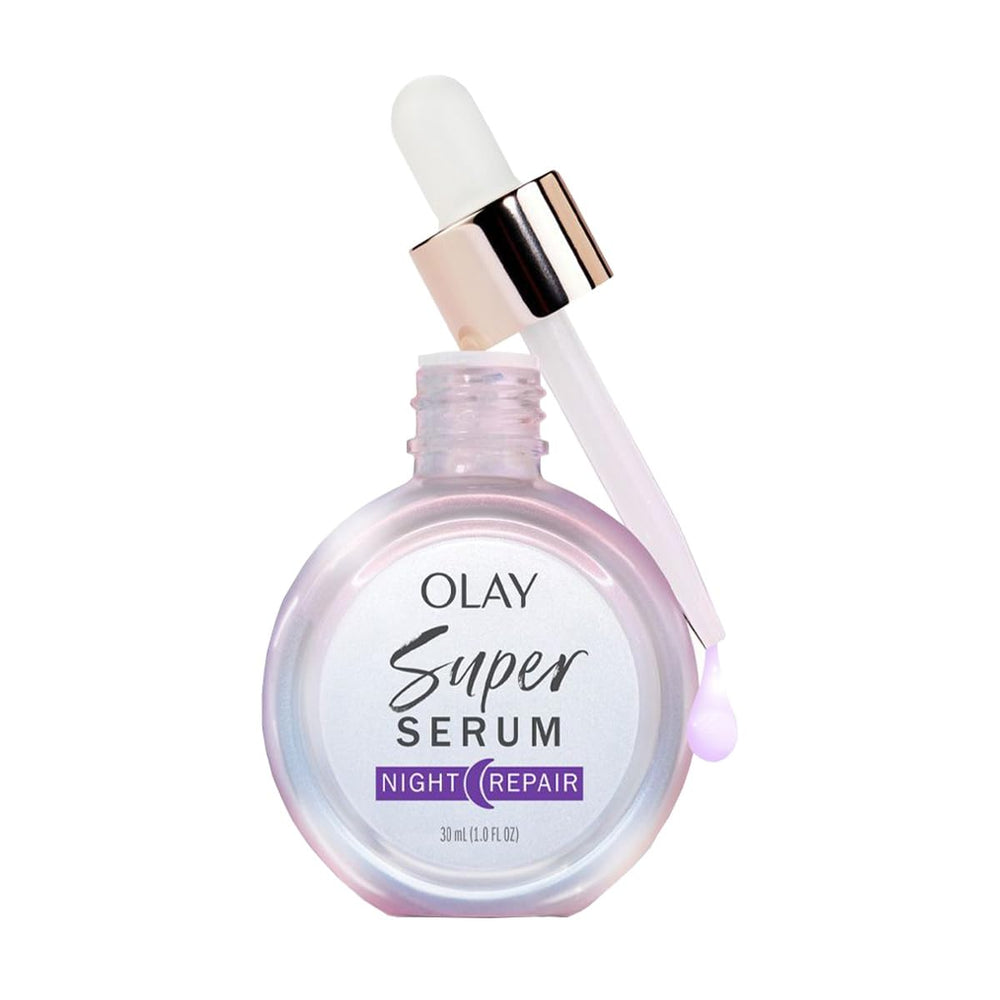 Olay Super Serum Night Repair fragrance-free packshot showcasing creamy texture for overnight hydration