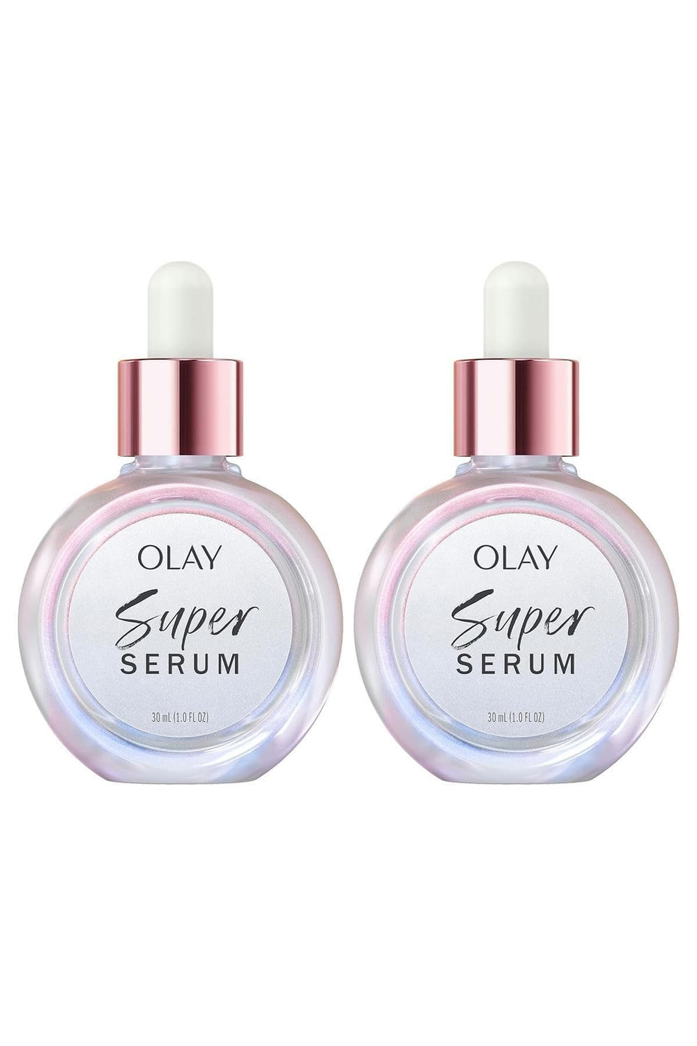 Olay Super Serum Twin Pack bottle front view showing compact hydration for daily use