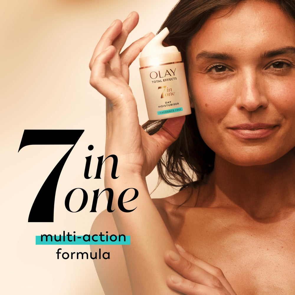 Olay Total Effects 7-in-1 fragrance-free label on jar signals gentle daily use.
