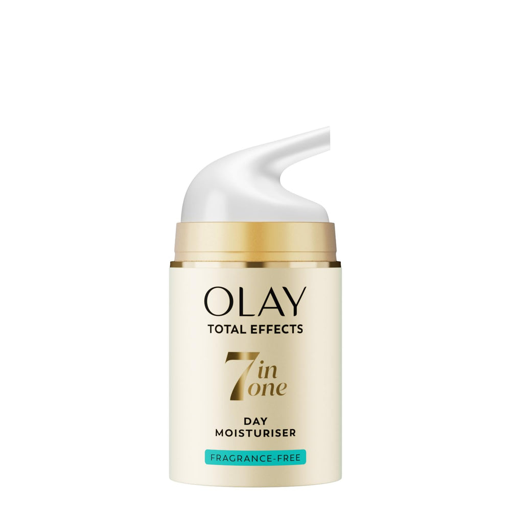 Olay Total Effects 7-in-1 moisturizer packaging highlights fragrance-free daily anti-age care.