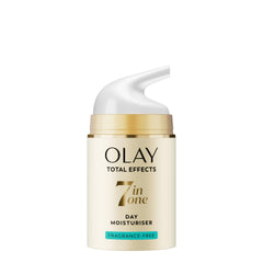 Olay Total Effects 7-in-1 moisturizer packaging highlights fragrance-free daily anti-age care.