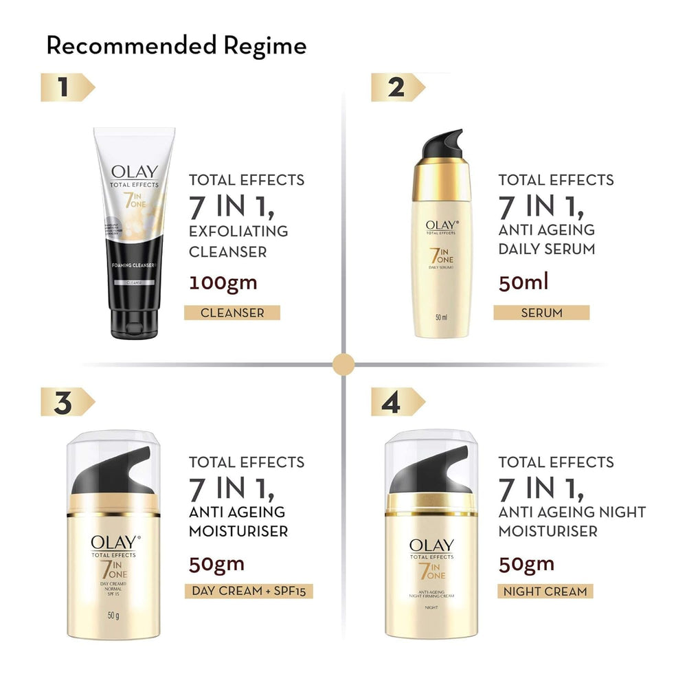 Morning skincare routine featuring Olay Total Effects 7-in-1 Day Cream.
