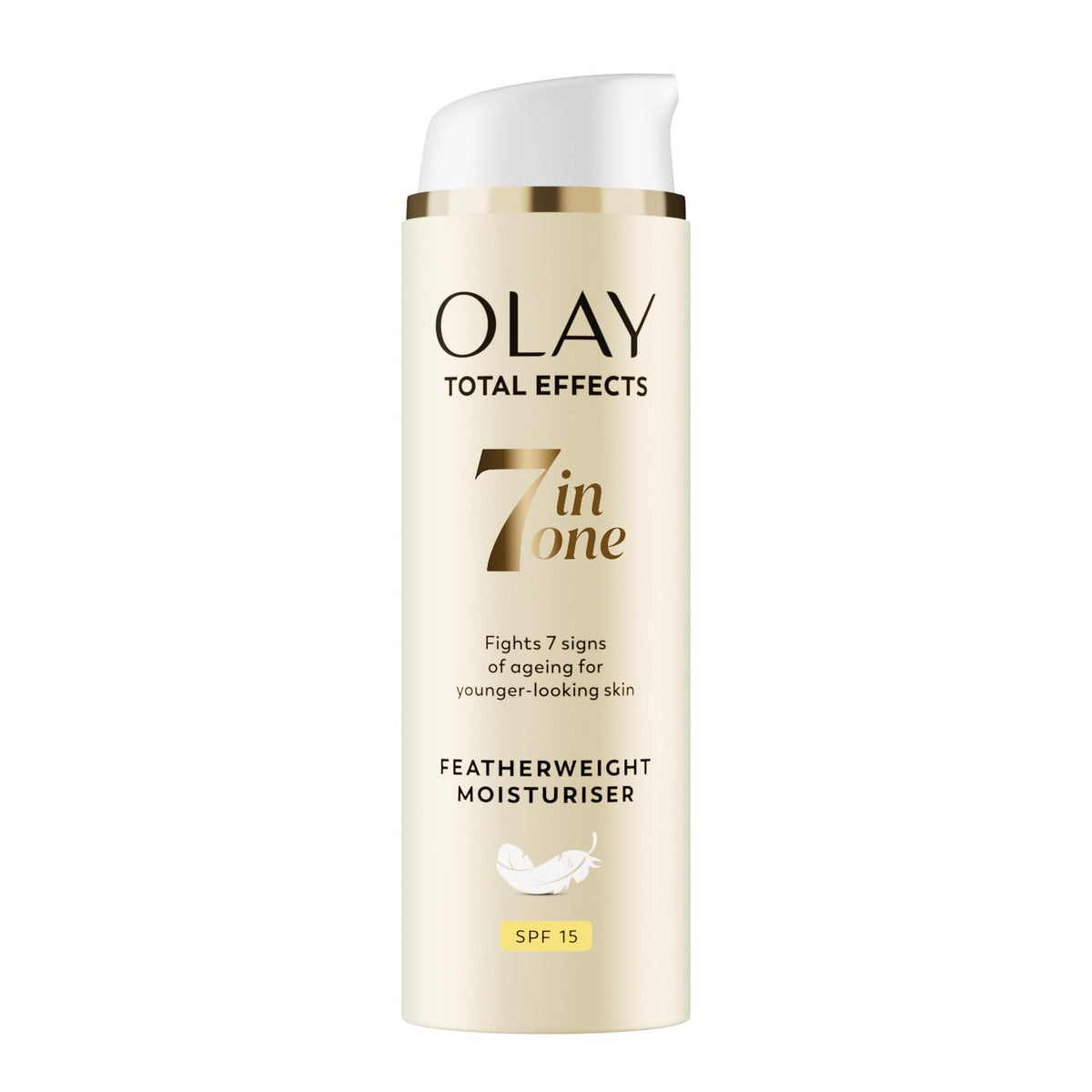 Olay Total Effects feather-weight moisturizer SPF 15 bottle for lightweight daily hydration.