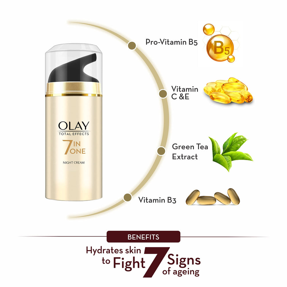 Olay Total Effects cream dispense showing easy night time application for smoother skin.