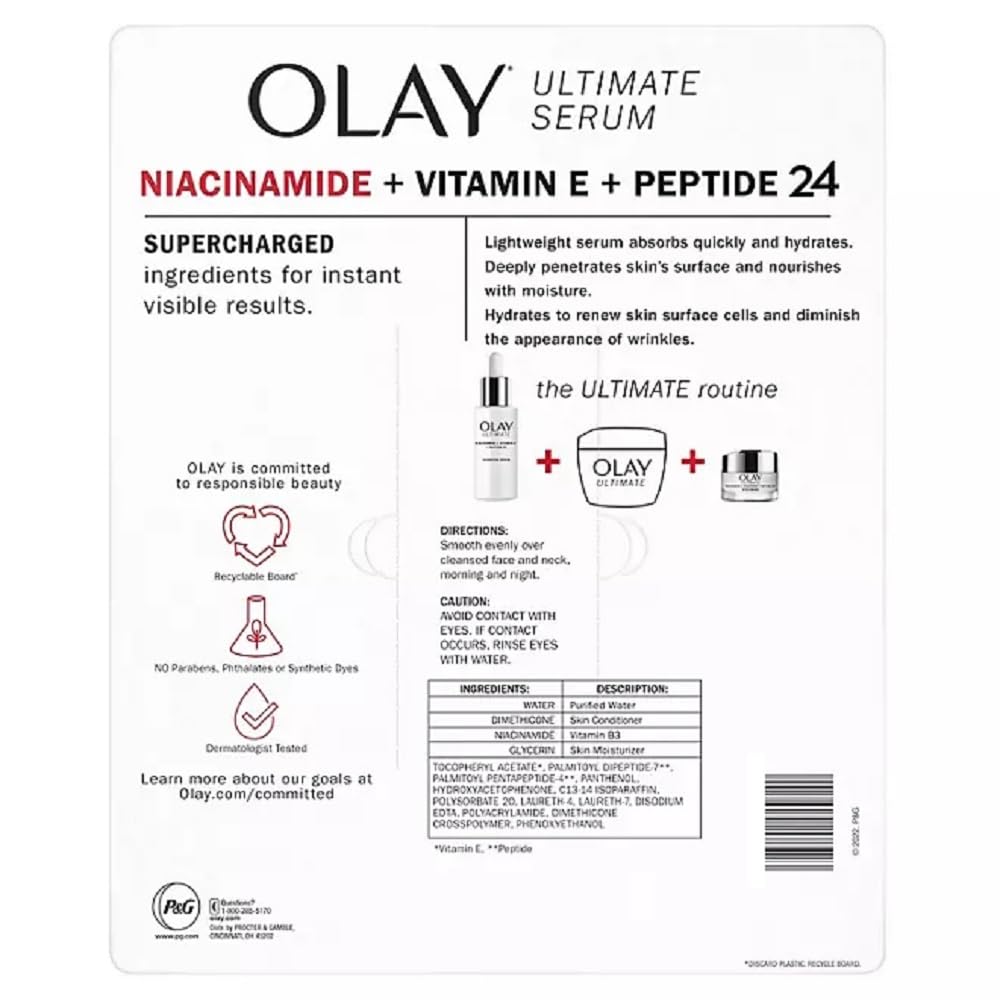 Olay Ultimate Niacinamide serum bottle close-up, fast absorption for hydrated skin