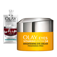 Olay Vitamin C + Peptide 24 Eye Cream bottle close-up for brightening under eyes