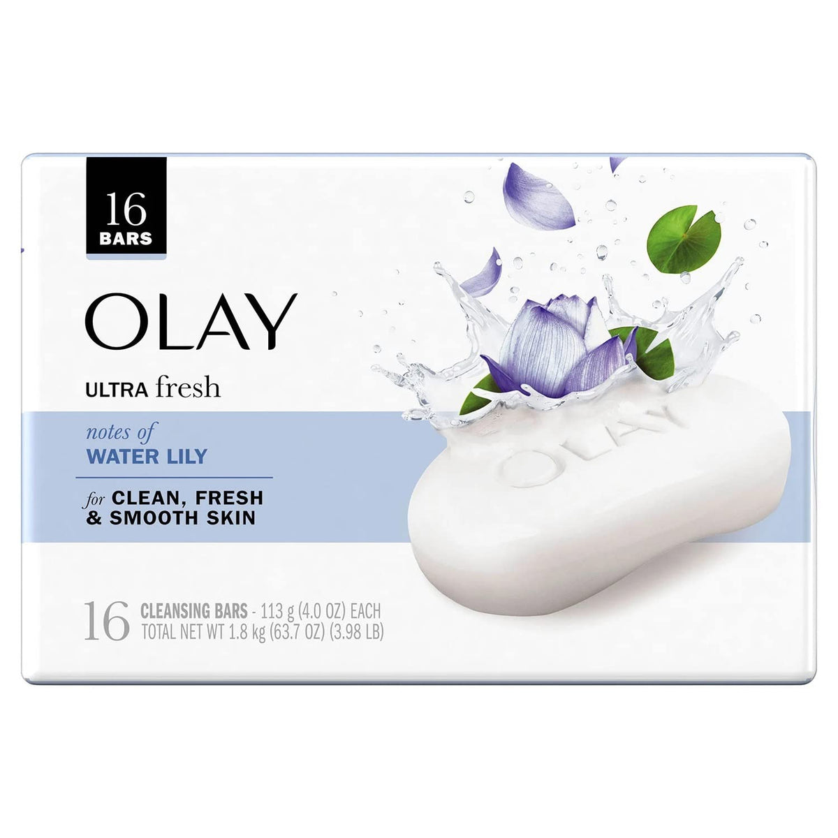 Olay Water Lily cleansing bar front view in a 16 pack for daily cleansing