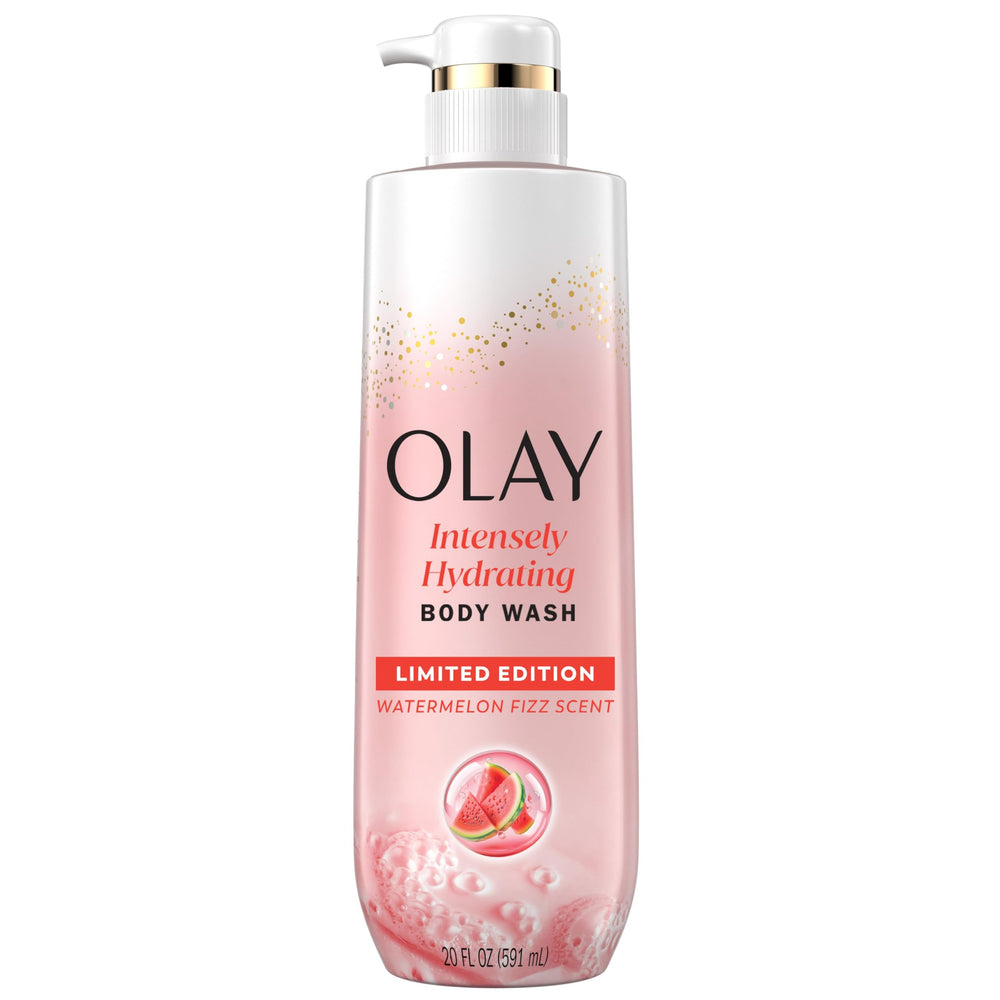 Olay Watermelon Fizz bottle glistening with intense hydration.