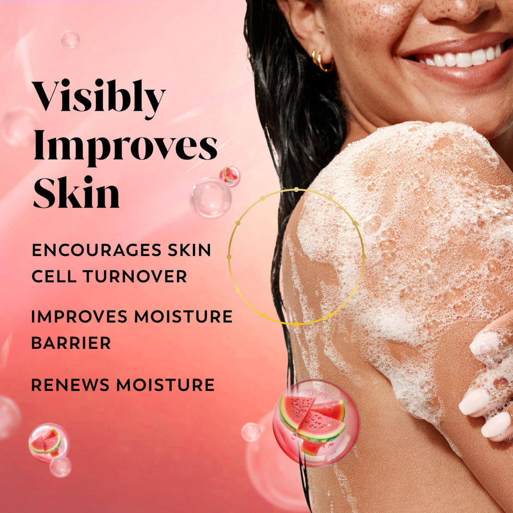 Olay Watermelon Fizz foam creating refreshing shower lather.