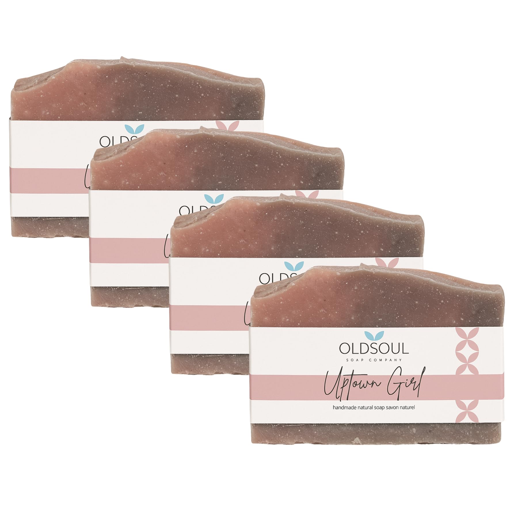 Old Soul Soap Uptown Girl bar close-up with lavender and peppermint swirls for soothing aroma.