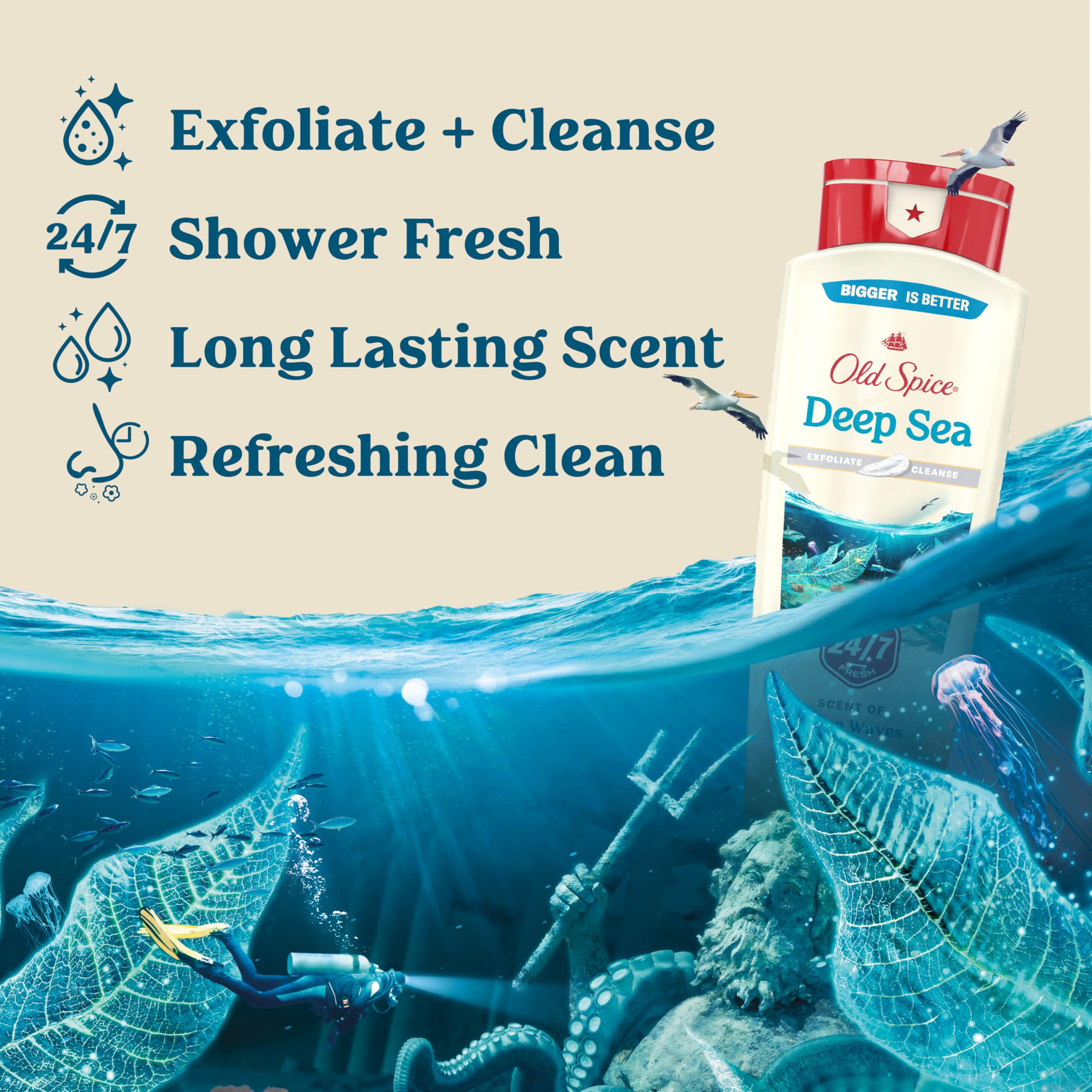 Old Spice 24/7 Shower Fresh close-up showing rich lather for cleansing.