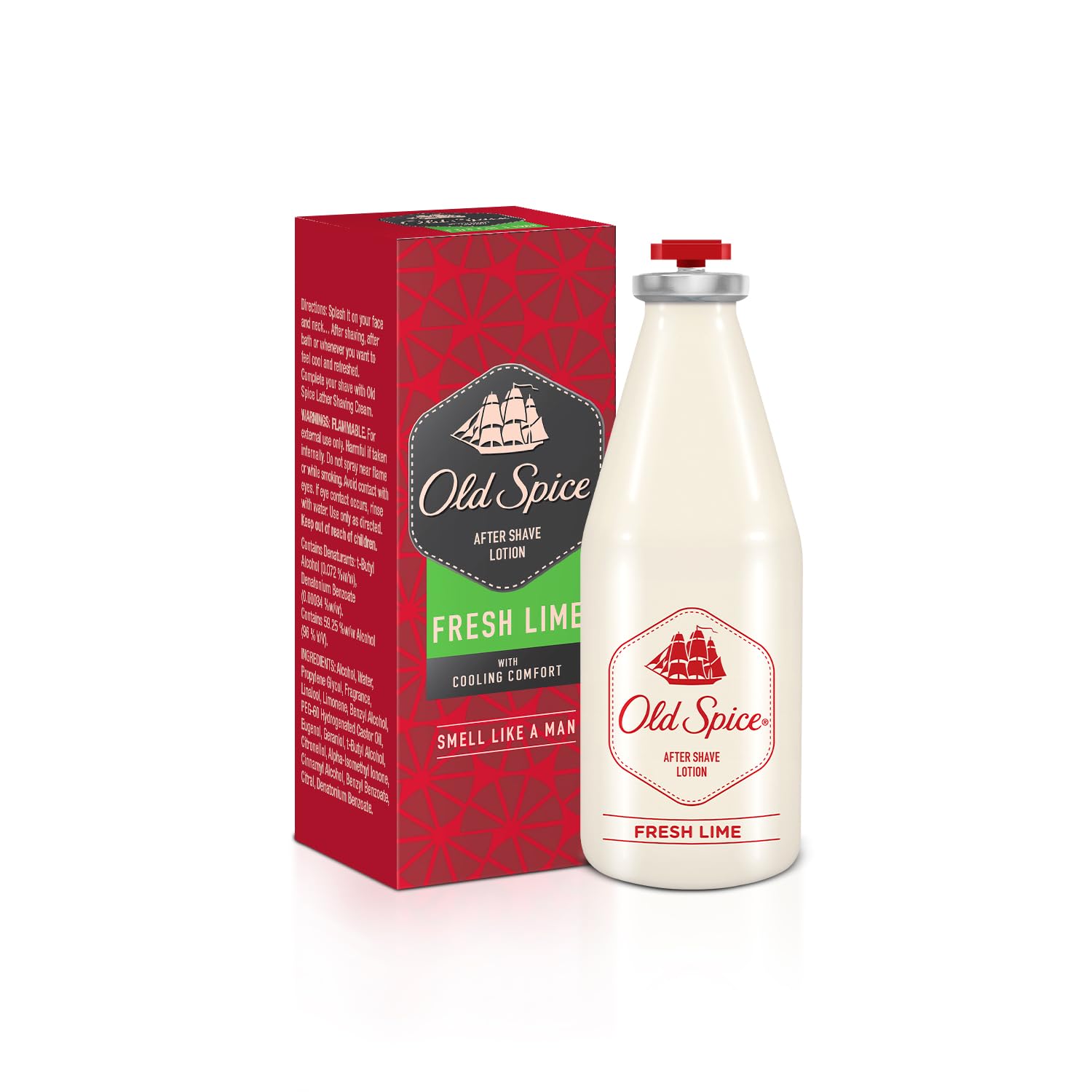 Old Spice Fresh Lime after shave lotion bottle front offers cooling post-shave feel.