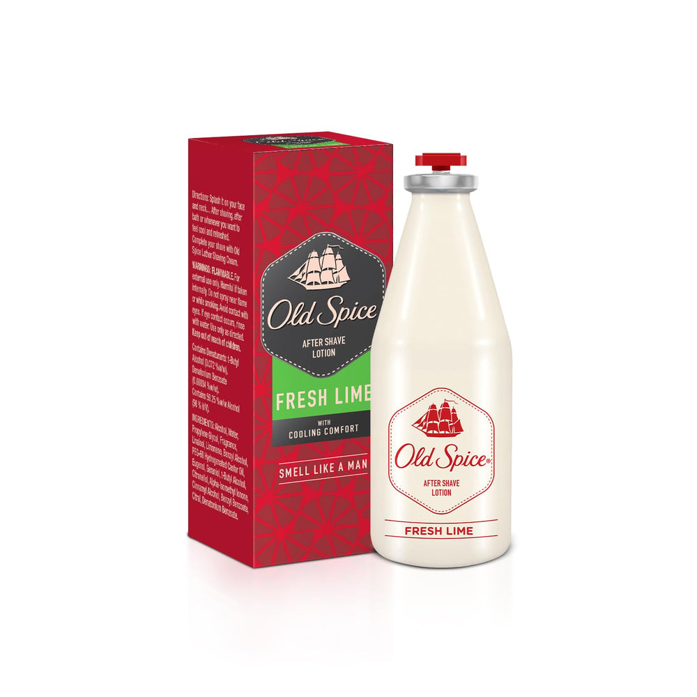 Old Spice Fresh Lime after shave lotion bottle front offers cooling post-shave feel.