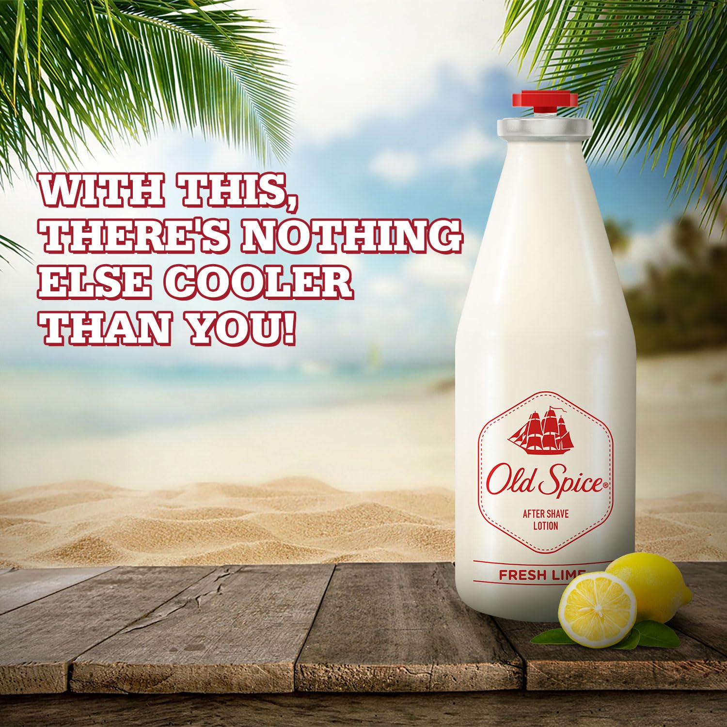 Old Spice Fresh Lime after shave lotion bottle side view highlights sleek packaging and easy dispensing.