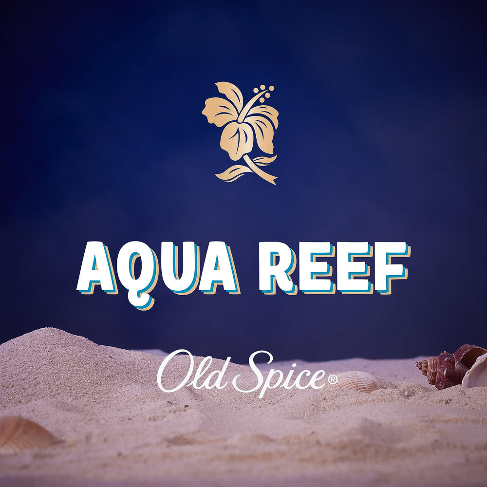 Old Spice Aqua Reef packaging label close-up showing scent notes.