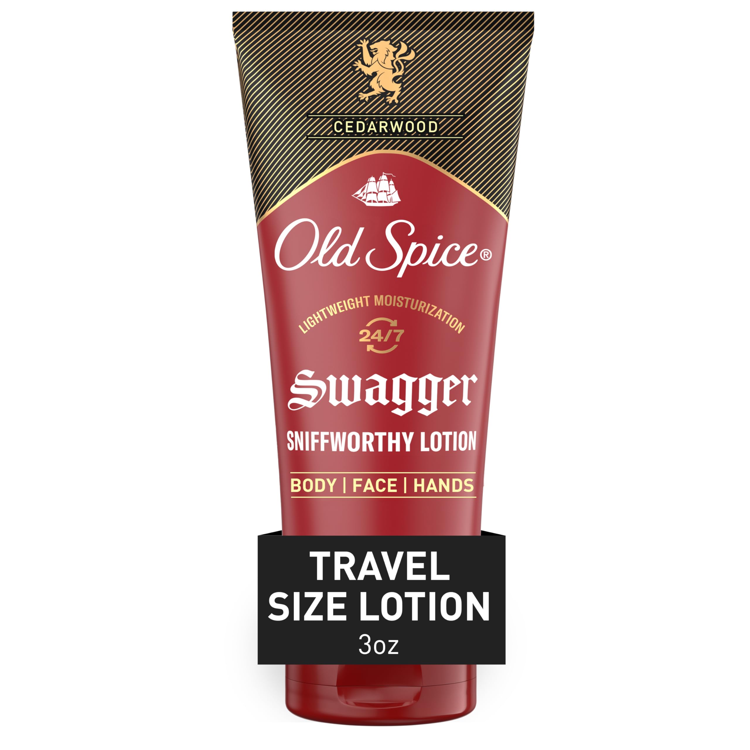 Old Spice body lotion travel size displaying cedarwood-lime fragrance for face, hands, and body