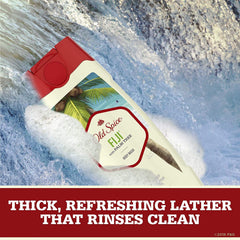Old Spice Fiji bottle in shower showing palm tree scent for quick cleanse.