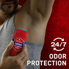 Old Spice Captain deodorant application action highlights quick underarm refreshment.