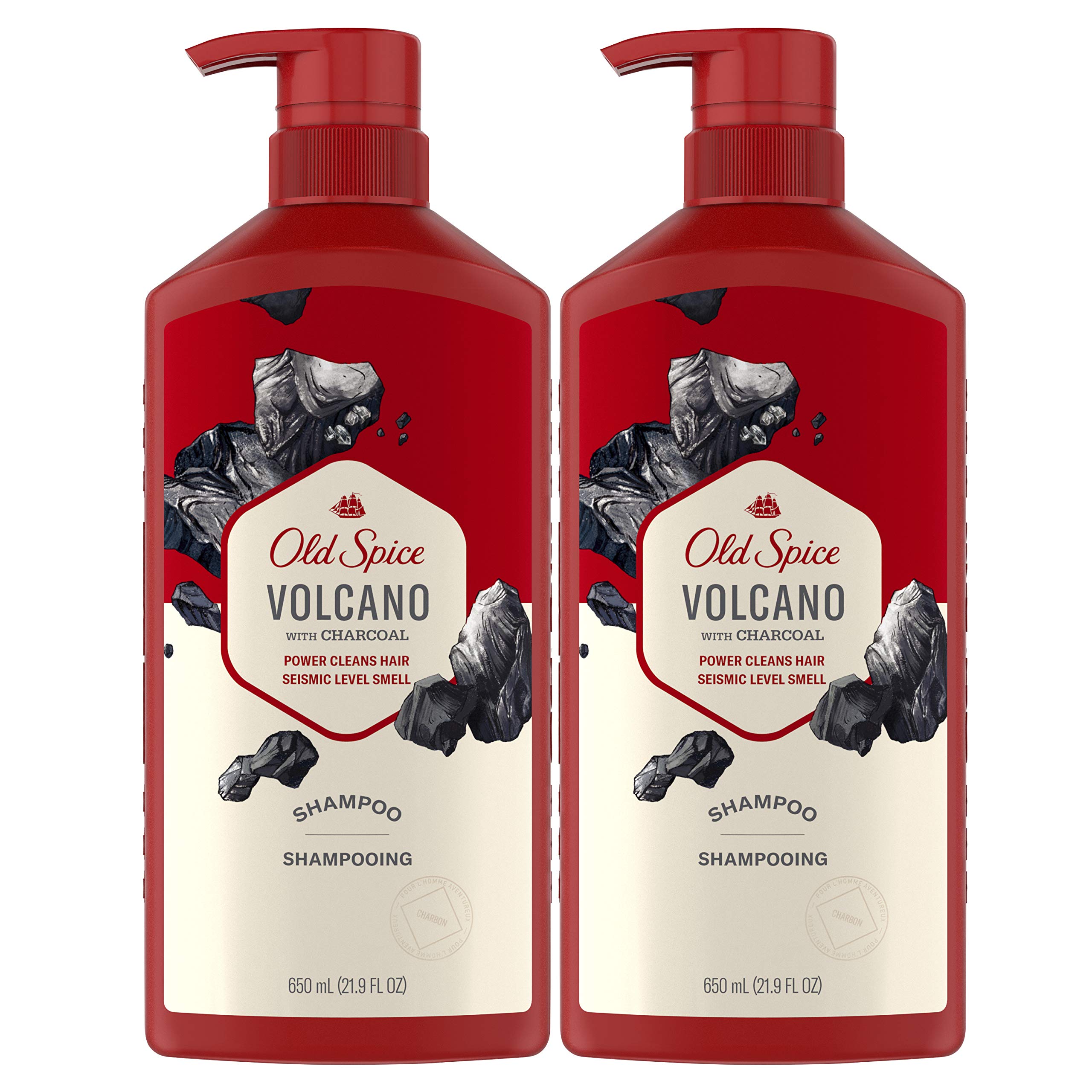 Old Spice Charcoal Shampoo bottle with volcano branding for deep cleansing.