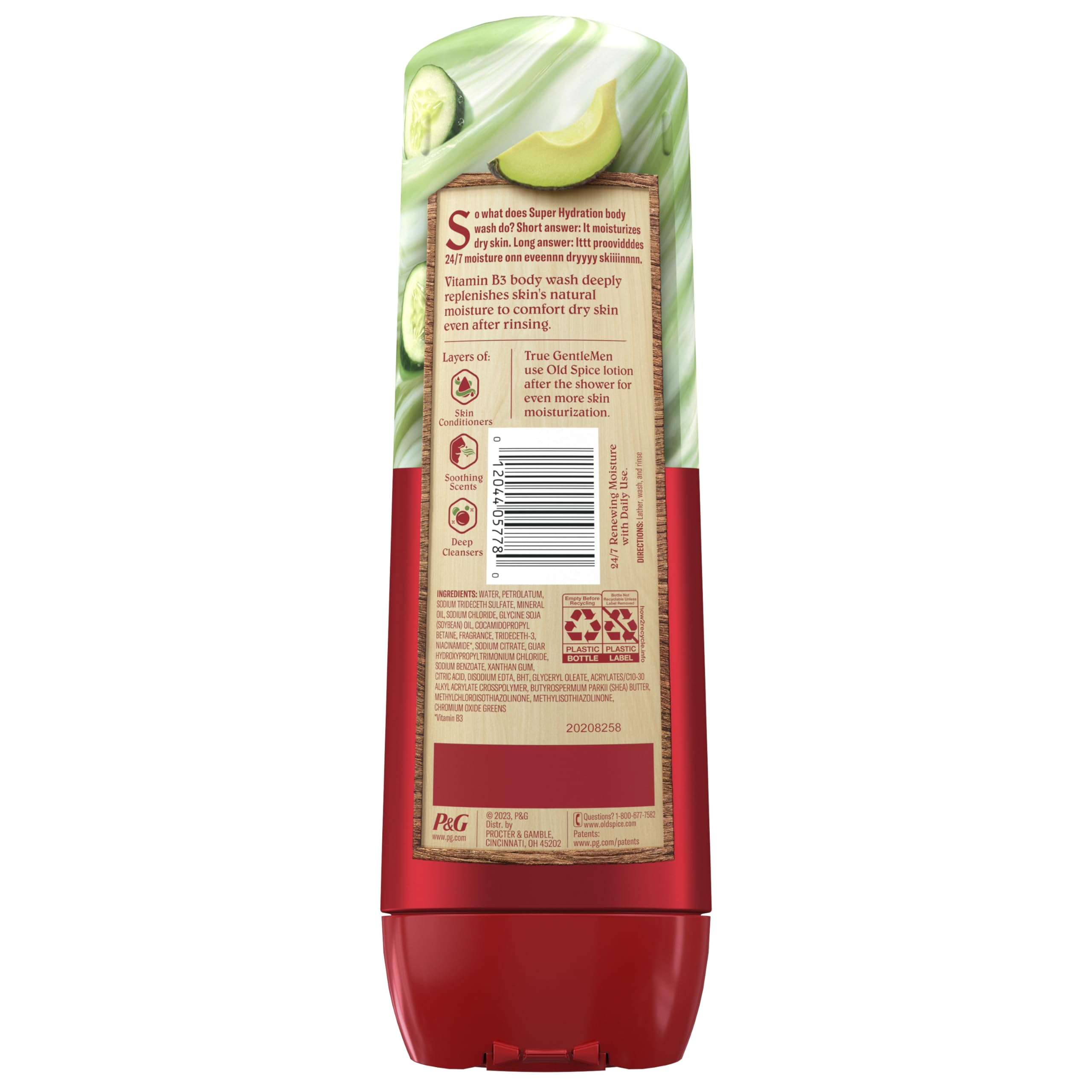 Old Spice cucumber-avocado scent bottle evokes refreshing aroma after shower.