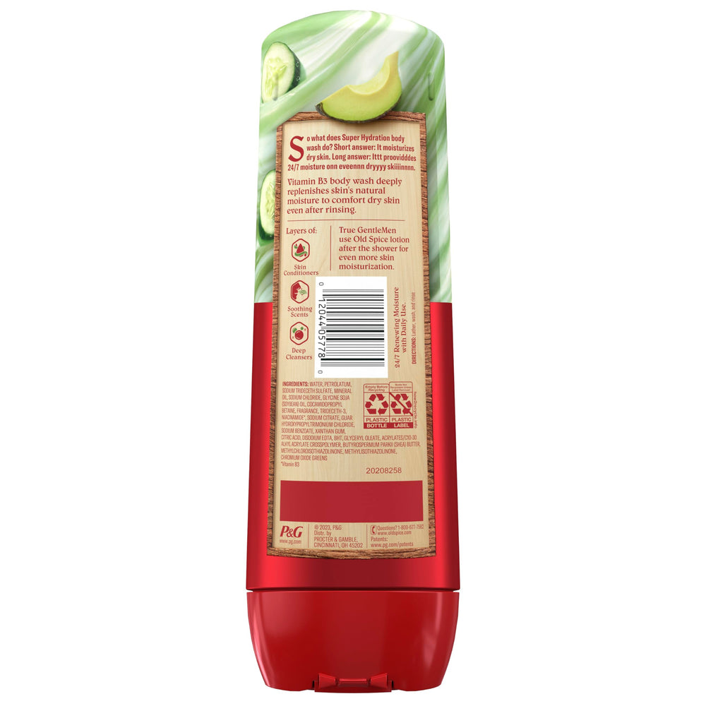 Old Spice cucumber-avocado scent bottle evokes refreshing aroma after shower.
