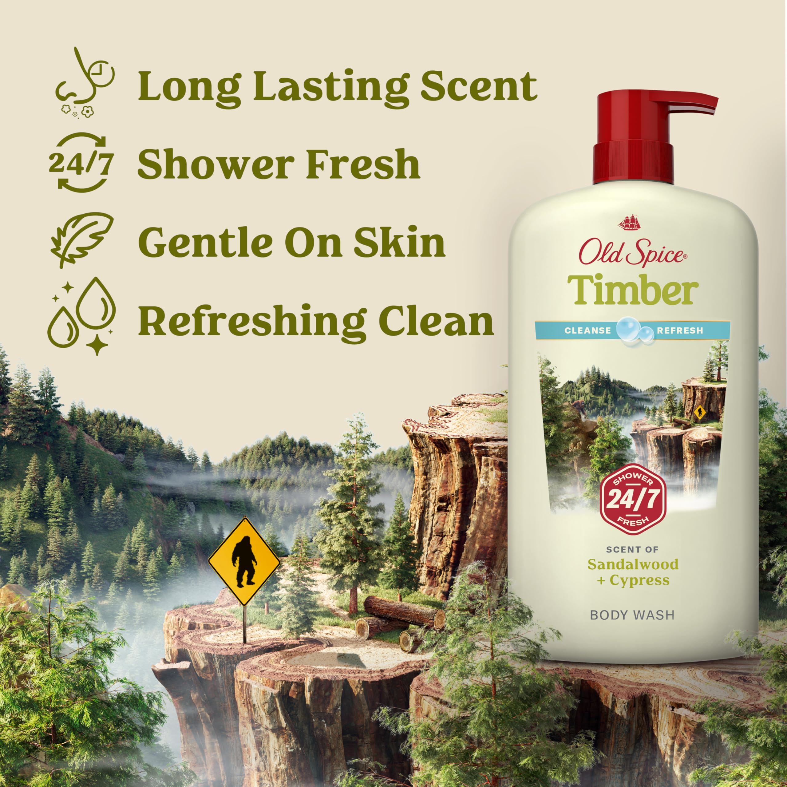 Old Spice body wash bottle showing creamy lather ready to cleanse.
