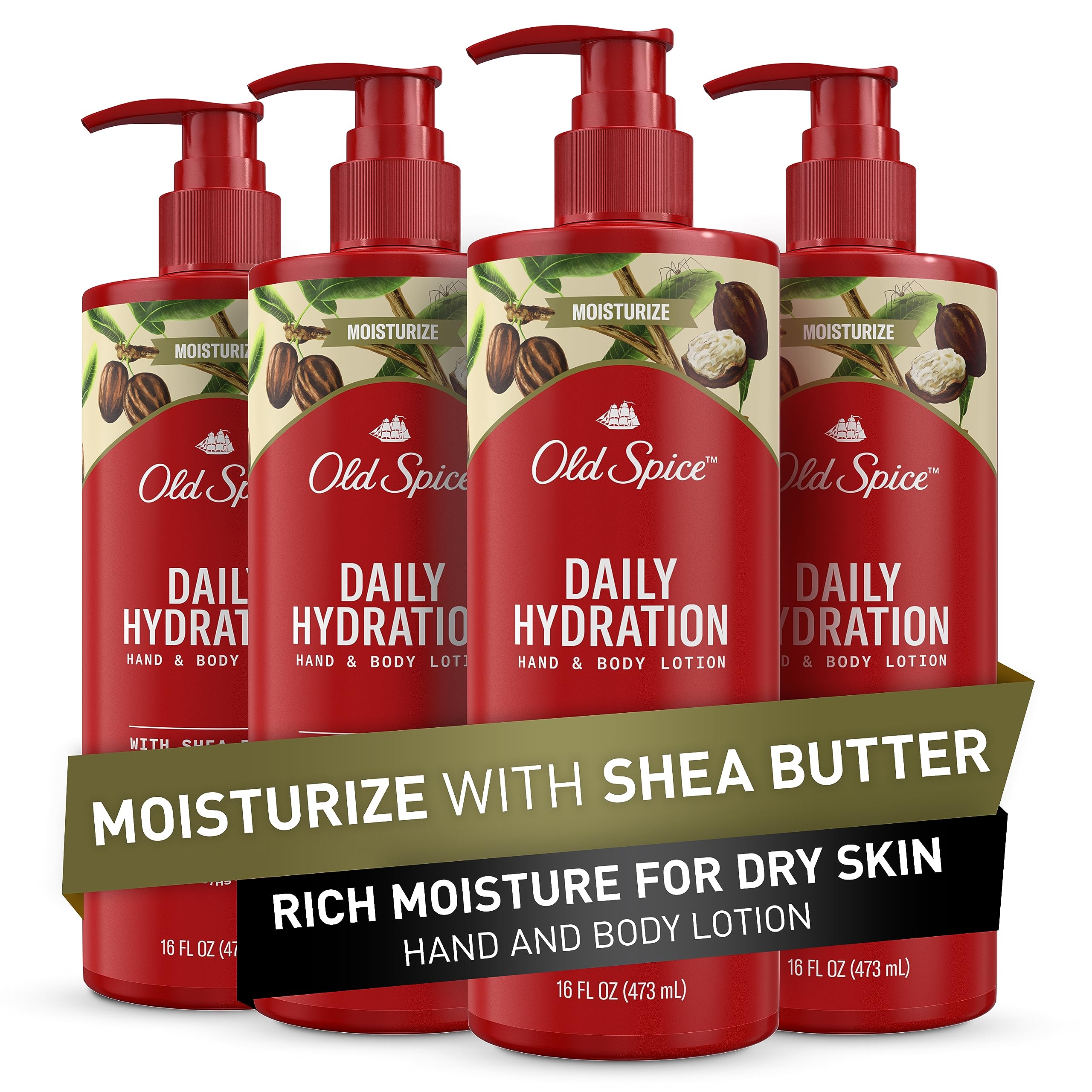 Old Spice Daily Hydration Hand & Body Lotion pump bottle showing easy application for all-day moisture