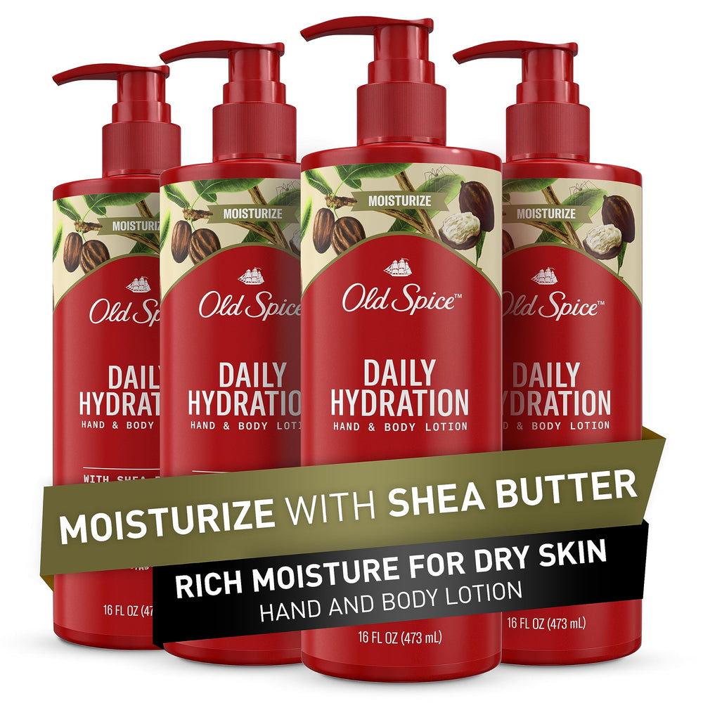 Old Spice Daily Hydration Hand & Body Lotion pump bottle showing easy application for all-day moisture