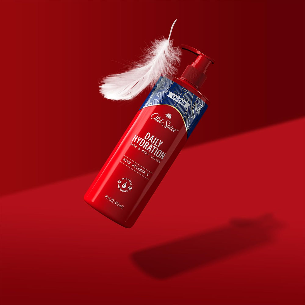 Old Spice label-front view highlights modern hydrating lotion.