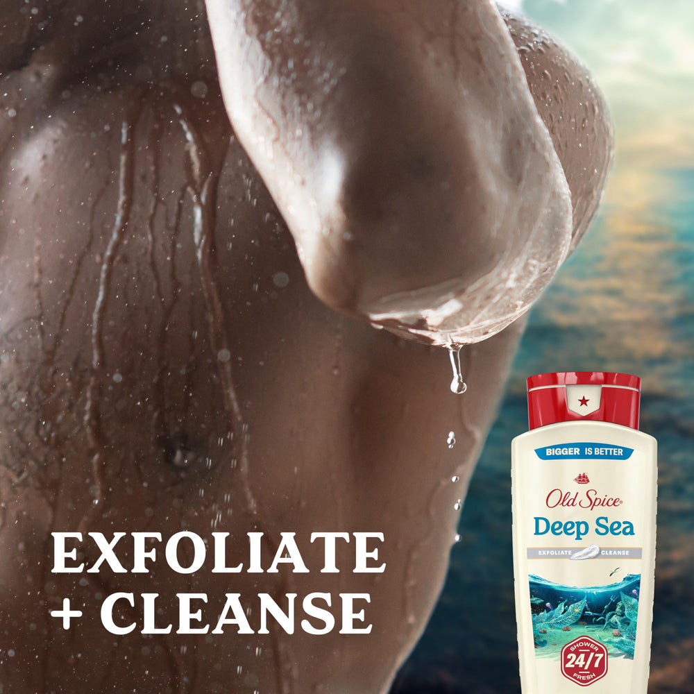 Old Spice Deep Cleanse bottle pouring to show easy rinse and clean skin.