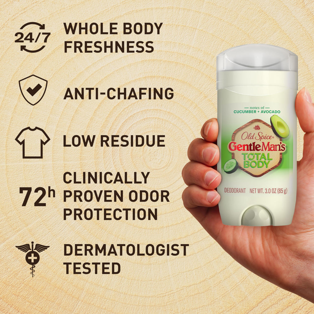 Old Spice dermatologist-tested label shown, emphasizing aluminum-free formula.