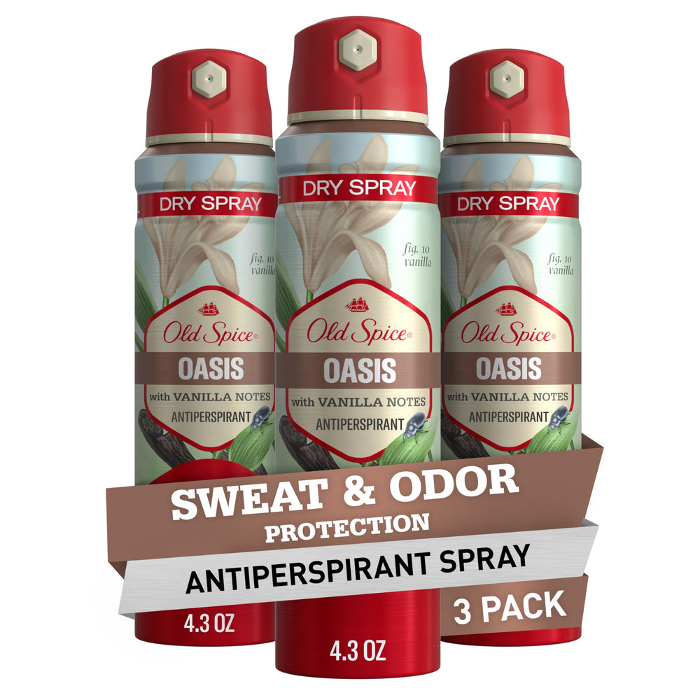 Old Spice dry spray antiperspirant pack of 3 with vanilla and argan oil for all-day freshness.