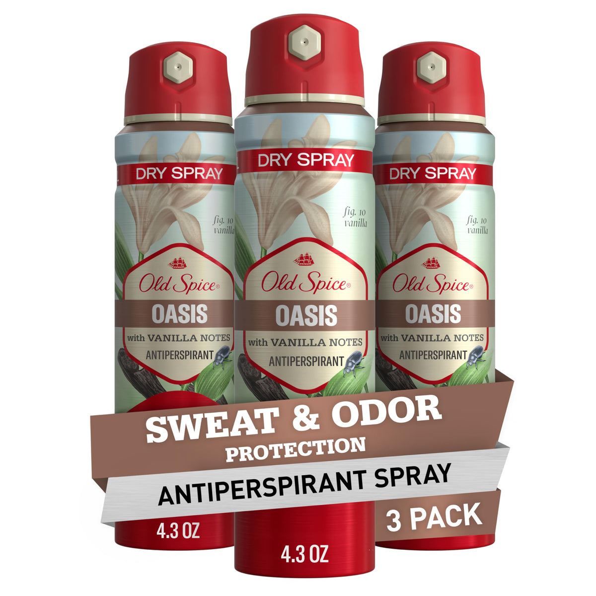 Old Spice dry spray antiperspirant pack of 3 with vanilla and argan oil for all-day freshness.