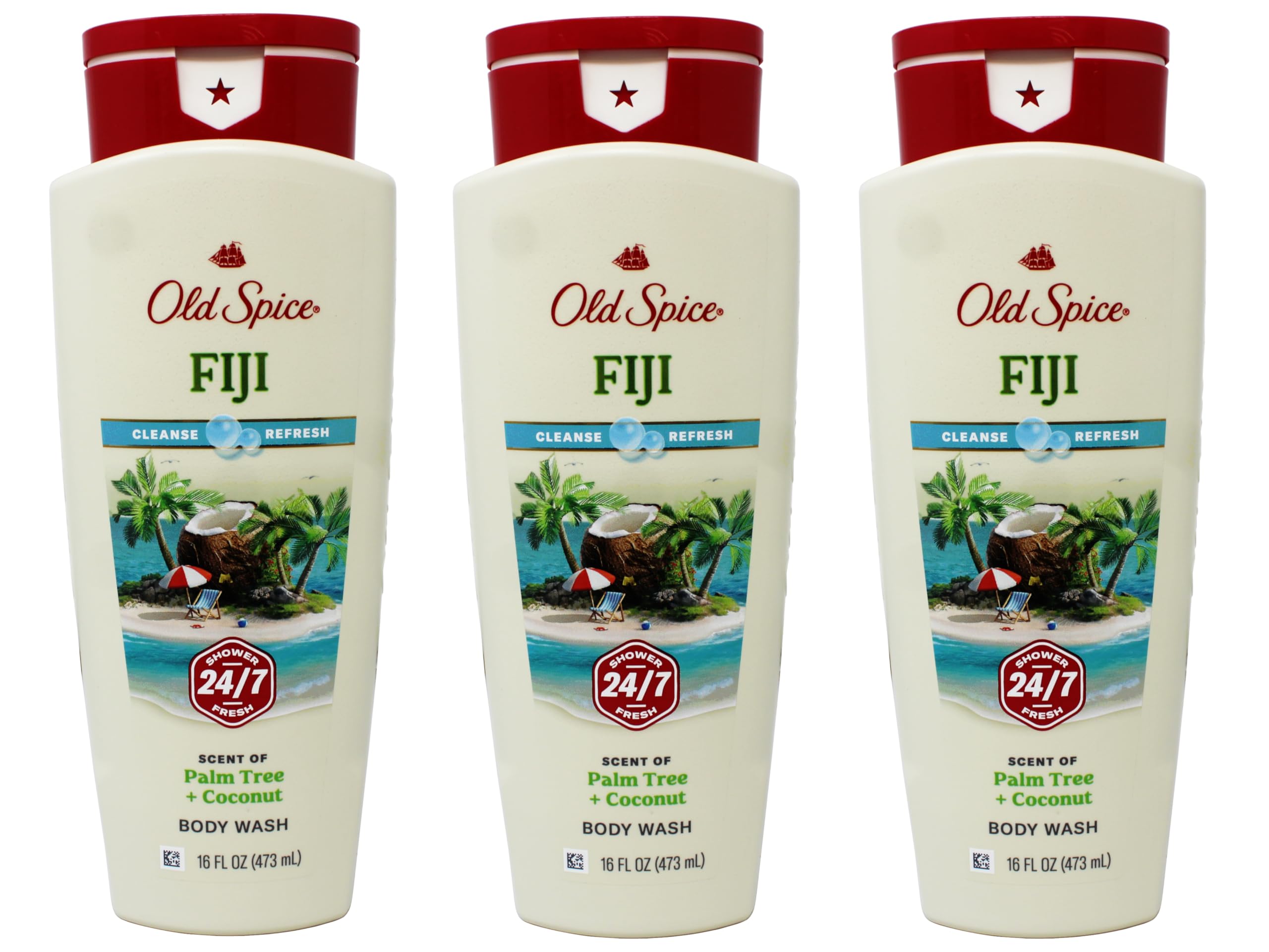 Old Spice Fiji body wash 3-pack bottle on display, refreshing tropical scent for daily grooming.