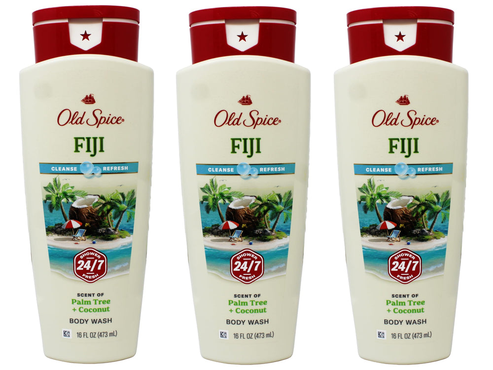 Old Spice Fiji body wash 3-pack bottle on display, refreshing tropical scent for daily grooming.