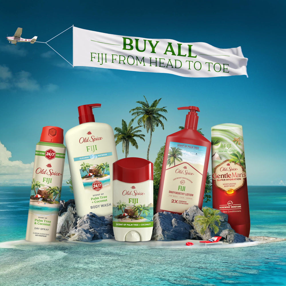 Old Spice Fiji product alongside fresh towel to evoke refreshing ritual.
