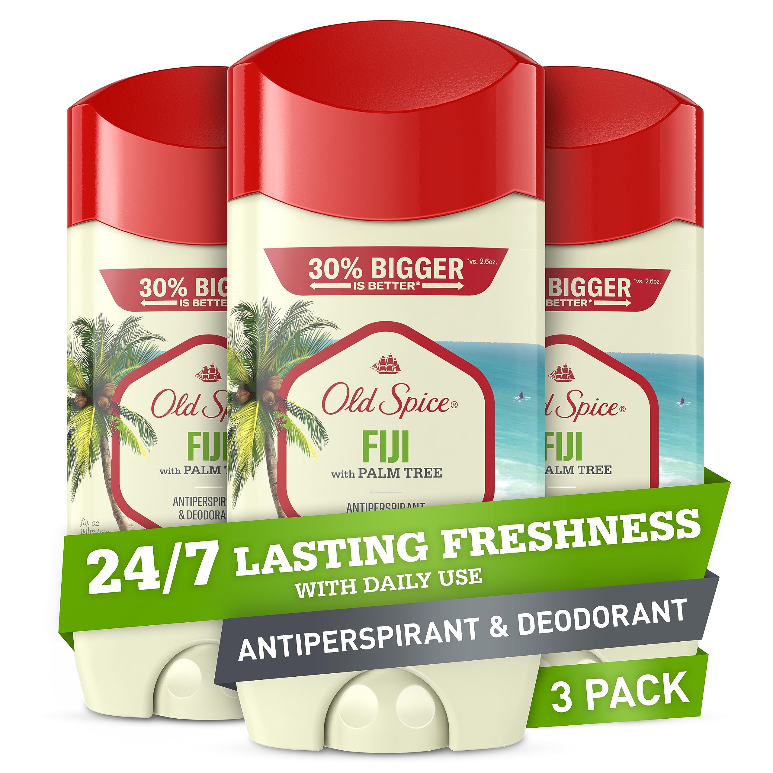 Old Spice Fiji Invisible Solid bottle on bathroom counter for daily freshness.