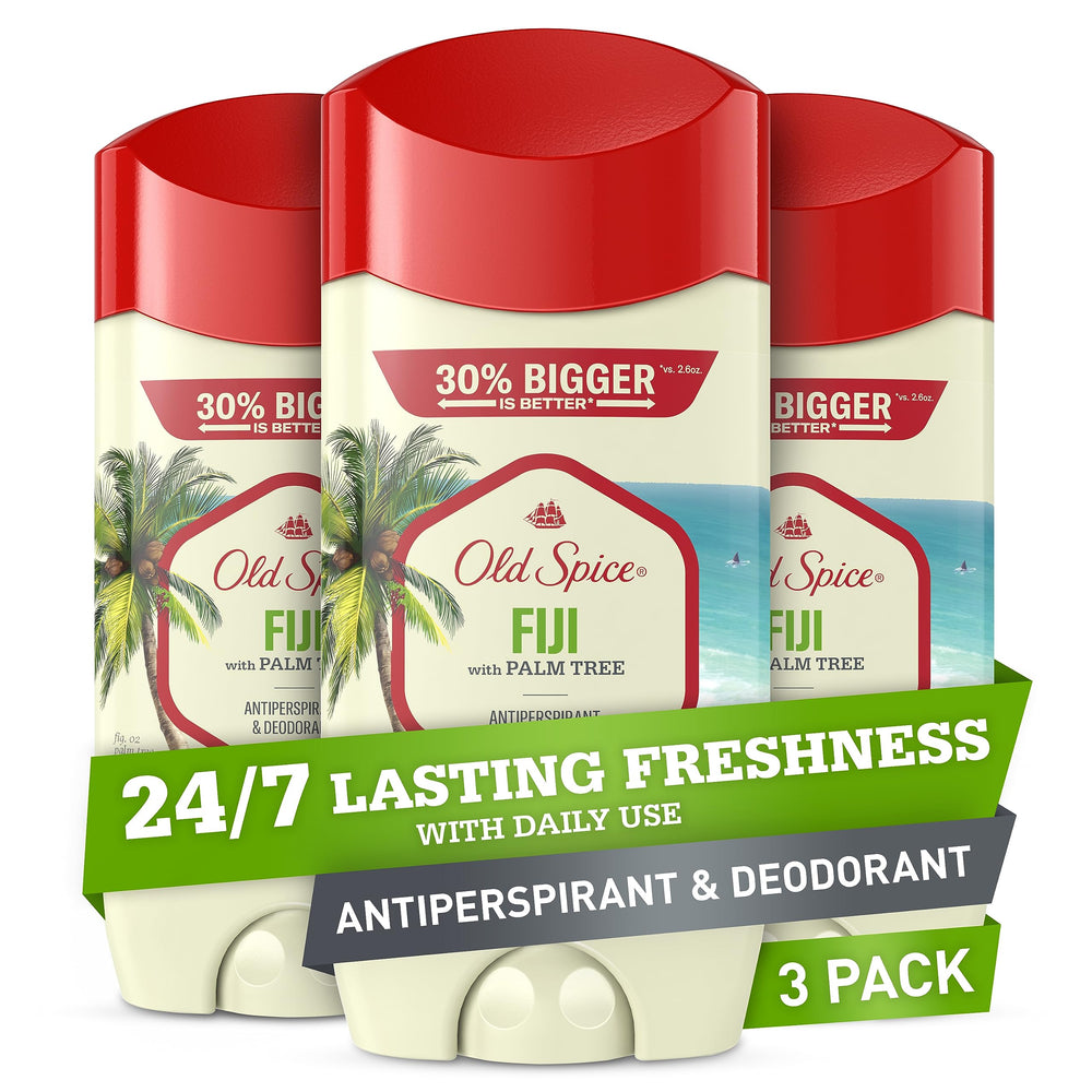 Old Spice Fiji Invisible Solid bottle on bathroom counter for daily freshness.