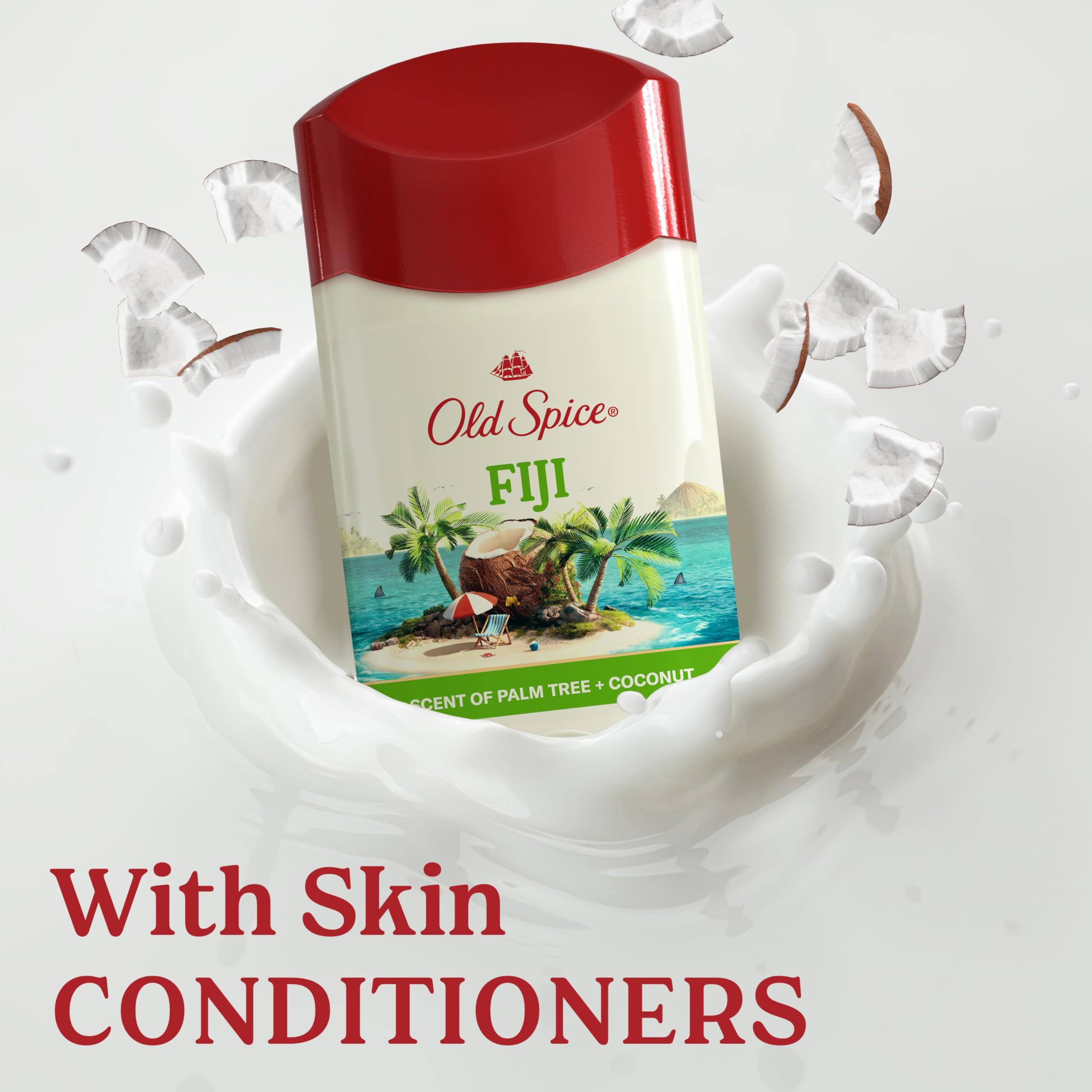 Old Spice Fiji coconut scent on palm tree imagery evokes tropical freshness.