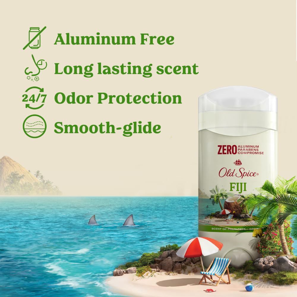 Old Spice Fiji Palm Tree packaging box highlights aluminum-free formula