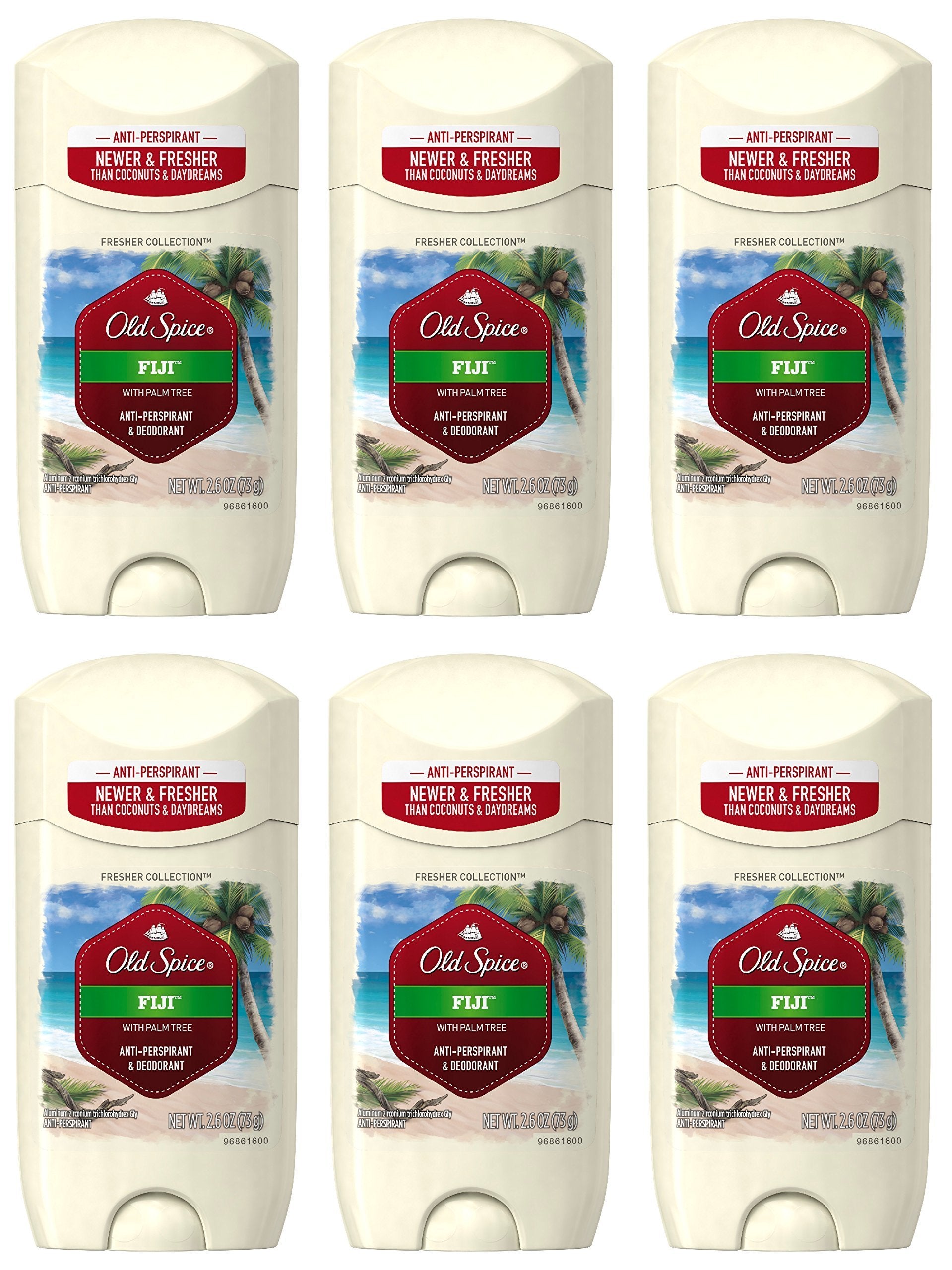 Old Spice Fiji Palm Tree Scent antiperspirant pack of six provides all-day protection.