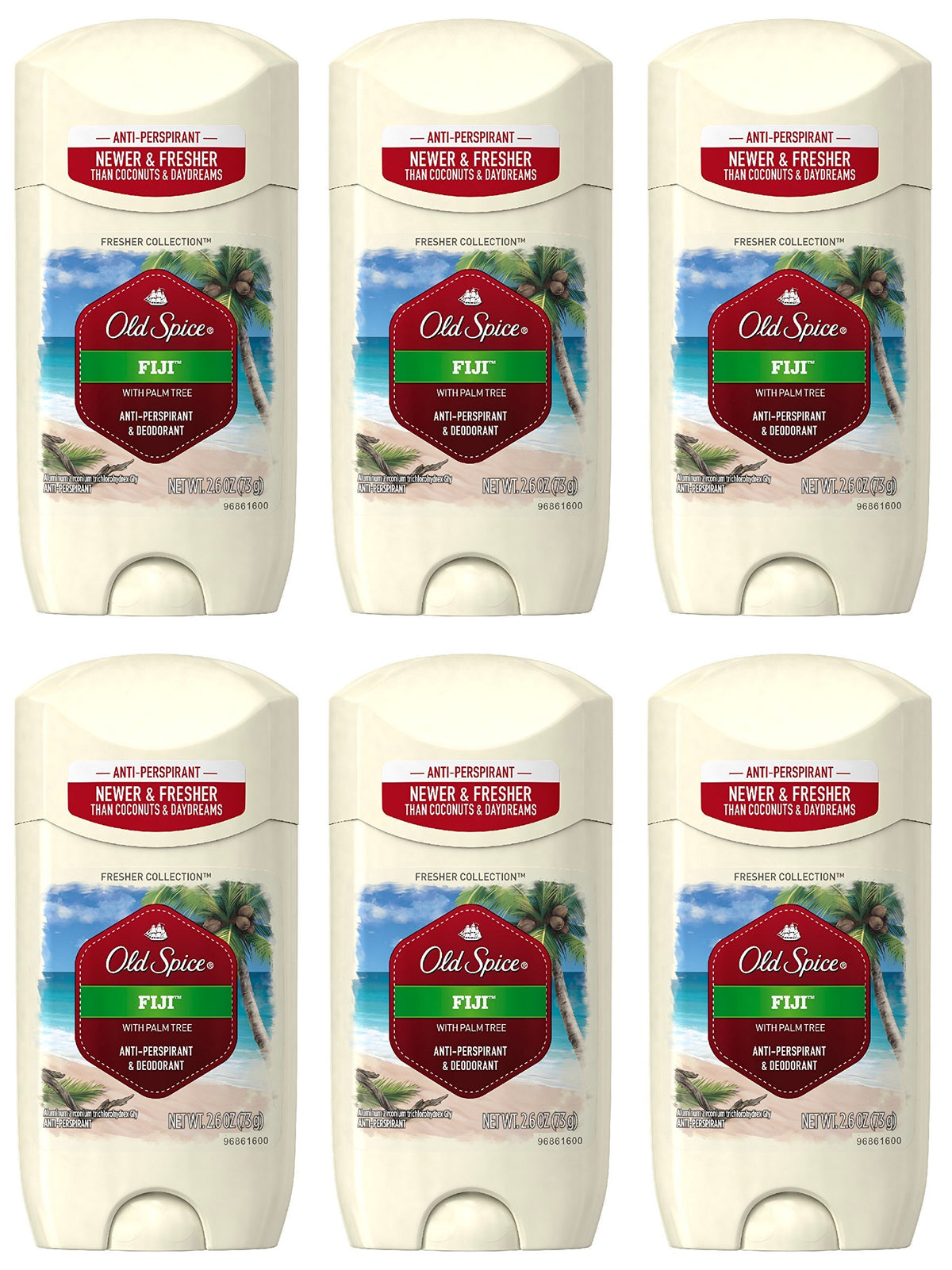 Old Spice Fiji Palm Tree Scent antiperspirant pack of six provides all-day protection.